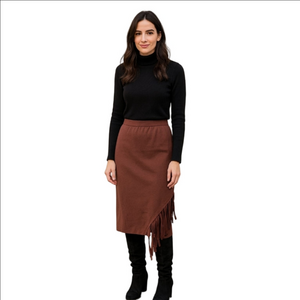 Women's Cupio Blush Brown XL Asymmetrical Fringe Knit Skirt